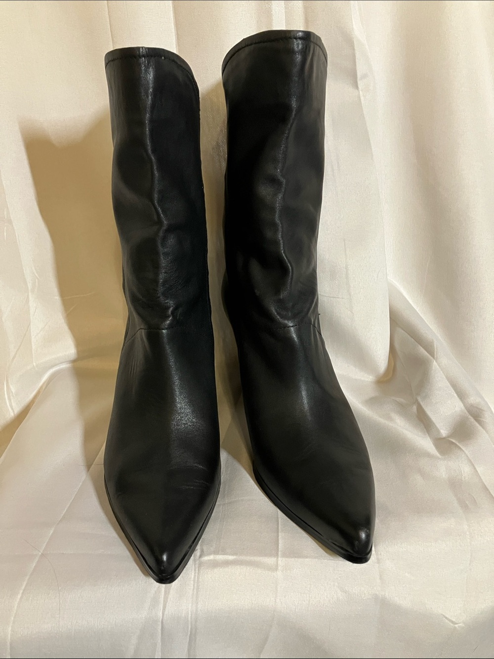 Donald J. Pliner Black Pointed Toe Mid-Calf Leather Heeled Boots